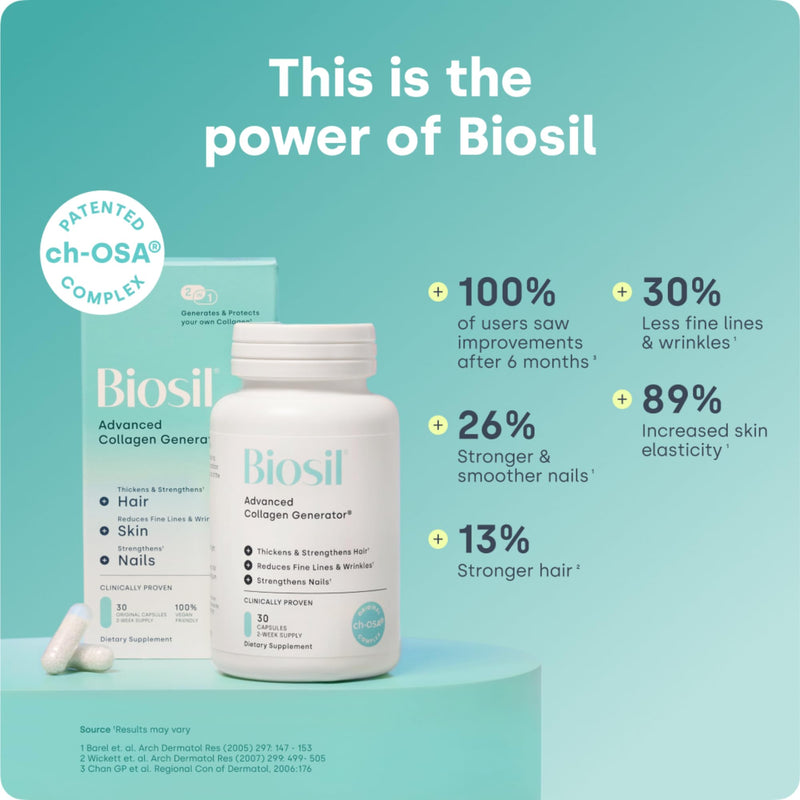 Biosil Collagen Booster Supplement - 30 Original Capsules - Patented ch-OSA Activator for Skin, Hair, Nails & Joints - Supports Natural Production - 15-Day Supply