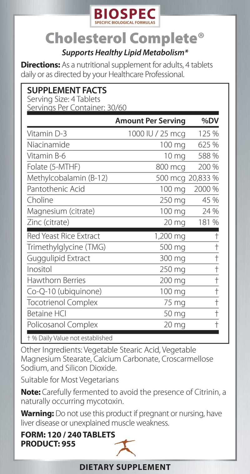 BIOSPEC NUTRITIONALS Cholesterol Complete - Natural Cholesterol & Heart Health Support (Red Yeast Rice, CO-Q-10, Hawthorn, Magnesium) 240 Tablets