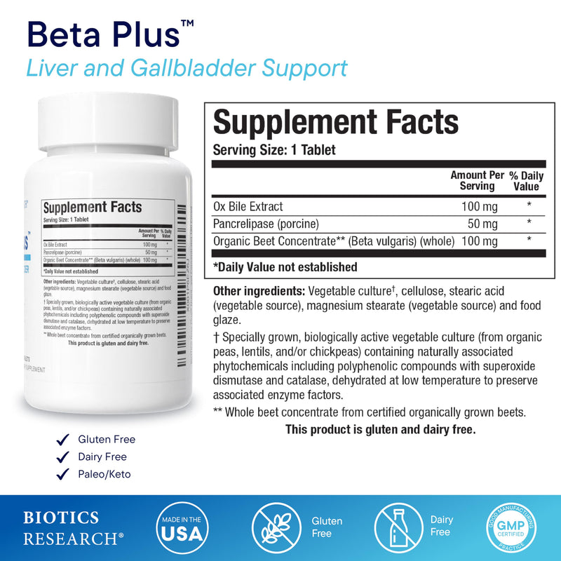 Biotics Research Beta-Plus Ox Bile Salts with Digestive Enzymes – 180 Tabs