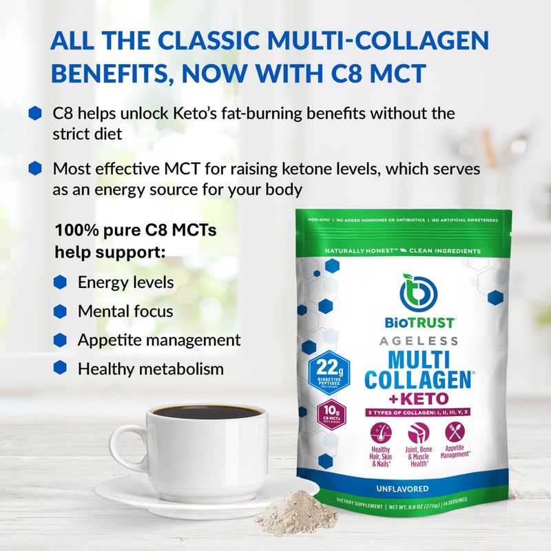 BioTrust Multi Collagen Protein Powder + Keto MCT Oil (Unflavored) – 5 Types I–X & C8 MCT