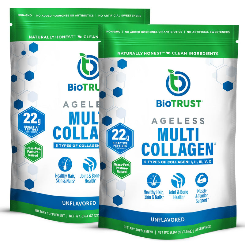 BioTrust Ageless Multi Collagen Peptides Powder – 5 Types I II III V X – Unflavored, 10 g Bioactive Protein, Grass-Fed, 2-pack