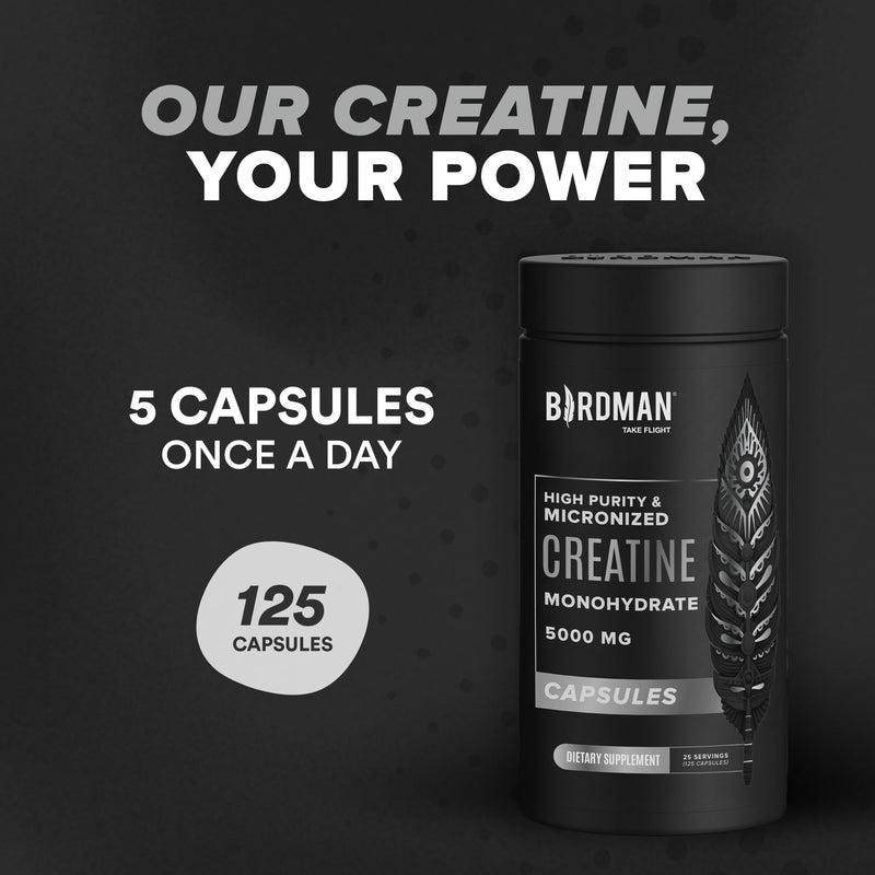 Birdman Micronized Creatine Monohydrate Capsules – Muscle Growth & Recovery | Vegan, Caffeine Free, Gluten Free, Sugar Free | 125 Capsules (25 Servings)