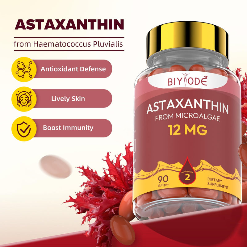 BIYODE Astaxanthin 12mg Softgels – High Potency Antioxidant (90 Softgels)