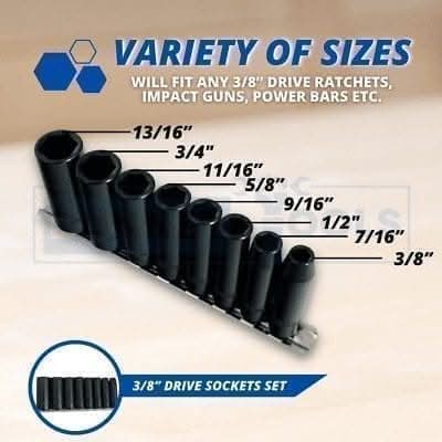 8pc 3/8" Drive Impact Socket Set SAE Imperial Deep impact socket 3/8" - 13/16"