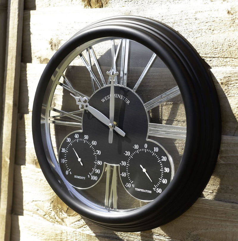 Large Black Garden Clock with Thermometer and Barometer 26.5cm