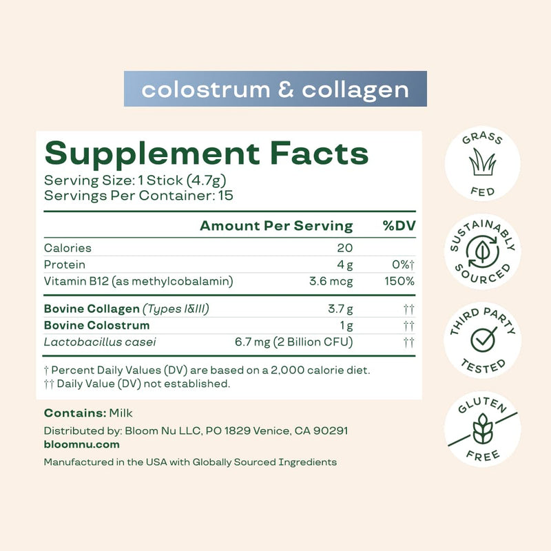 Bloom Nutrition Bovine Colostrum Powder Packet - Gut Health, Immune Support, Hair Growth & Beauty | Gluten Free, Sugar Free, Unflavored, 15 Servings