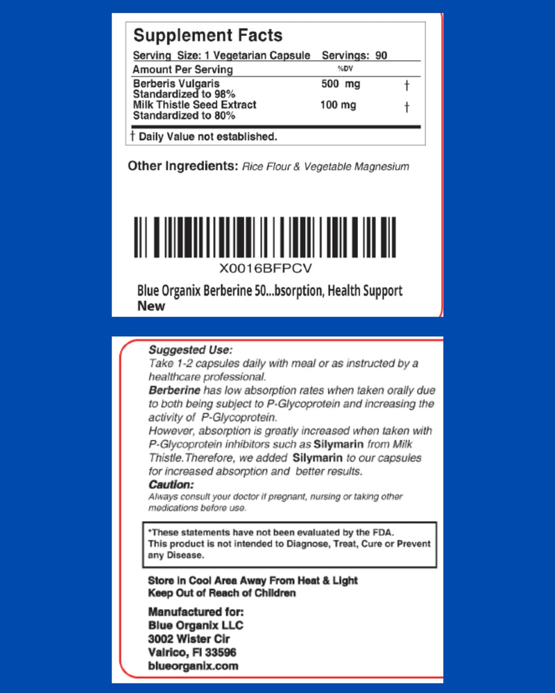 Blue Organix Berberine with Milk Thistle 500mg – HCL Complex Supplement, 90 Vegetarian Capsules