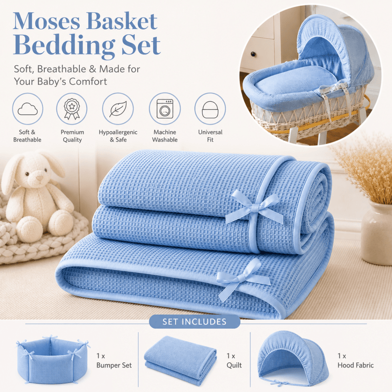 Blue Waffle Moses Basket Bedding Set