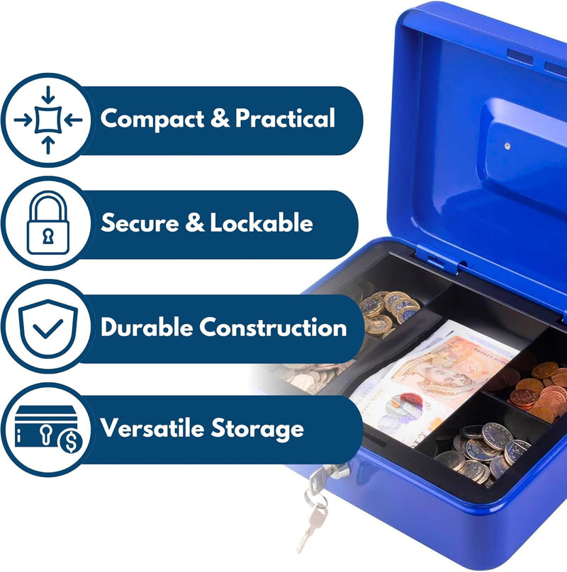 6 Inch Lockable Steel Cash Box with Keys & Removable Tray