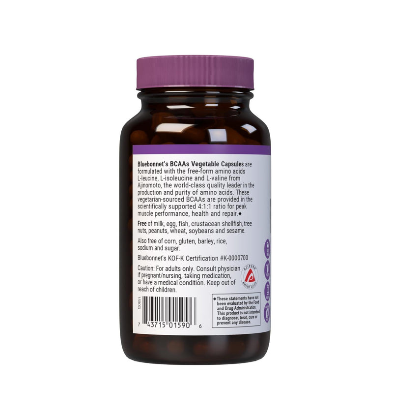 Bluebonnet BCAAs 4:1:1 Ratio - Vegan, Non-GMO, Kosher - 120 Veg Capsules | 30 Servings