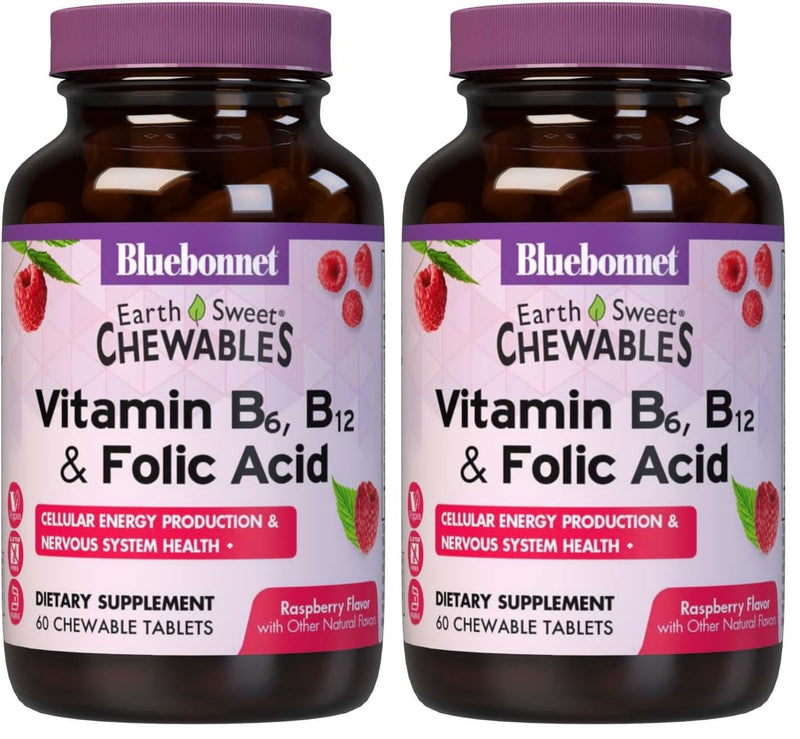 BlueBonnet Nutrition Earth Sweet Vitamin B6, B12 & Folic Acid Chewable – Raspberry – Vegan, Gluten Free – 60 Tablets Pack of 2