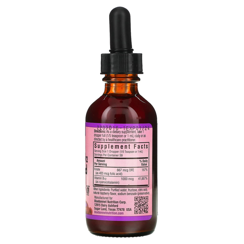 Bluebonnet Liquid Vitamin B12 & Folic Acid – Energy Boost | 2 fl oz, 59 Servings