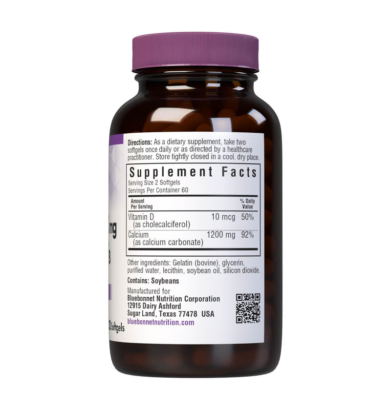 Bluebonnet Milk-Free Calcium 1200 mg + Vitamin D3 400 IU – High Potency Softgels, 120 Count