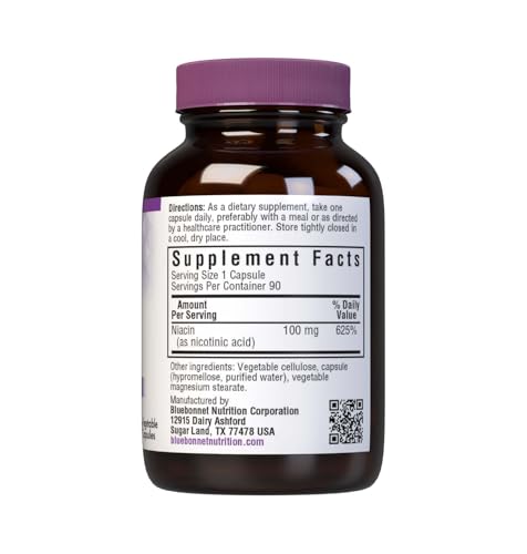 Bluebonnet Niacin 100mg Vitamin B3 Nicotinic Acid - Heart Health Support for Women & Men* - Non-GMO, Vegan, Kosher, Gluten-Free, Soy-Free, Dairy-Free Flush Niacin Supplement - 90 Vegetable Capsules