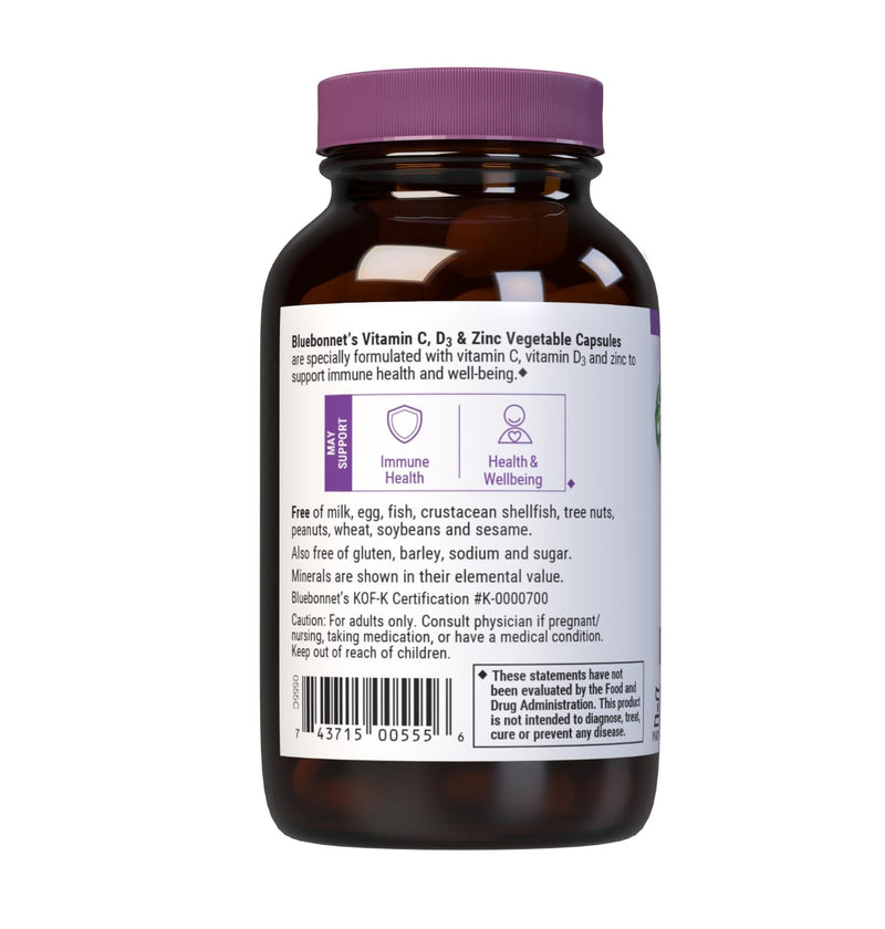 BlueBonnet Nutrition Vitamin C, D3 & Zinc – Immune Health* | Non-GMO, Kosher, Gluten-Free, Soy-Free, Dairy-Free | 50 Vegetable Capsules, 50 Servings