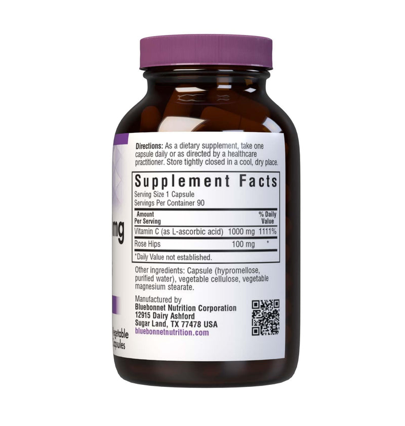 Bluebonnet Vitamin C-1000 mg with Rose Hips | Immune Health, 90 Veg Caps