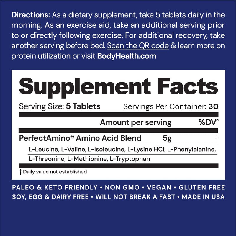 BodyHealth PerfectAmino Tablets - Essential Amino Acids + BCAAs (150ct + 30ct Travel Bottle)