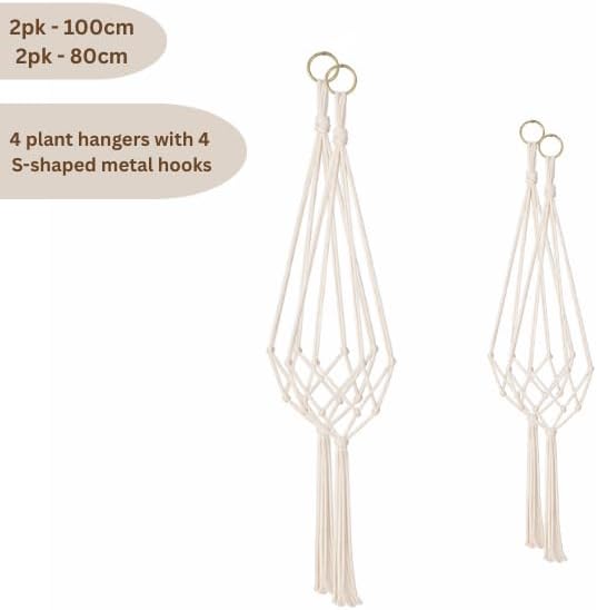 4 Pack Macrame Plant Hangers with Hooks for Indoor & Outdoor Pots