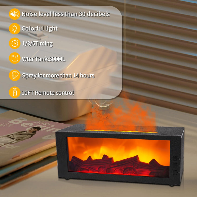 BOHOFAM Fireplace Essential Oil Diffuser 300ML | 14-Hour Run Time | Colorful Flame (Black) - Hotel Collection Oils Included