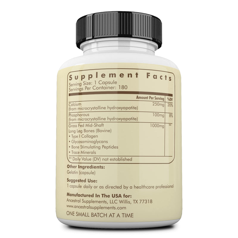 Ancestral Supplements Grass-Fed Beef Living Bone Supplement - Bone Health, Joint Support, Non-GMO, 180 Capsules