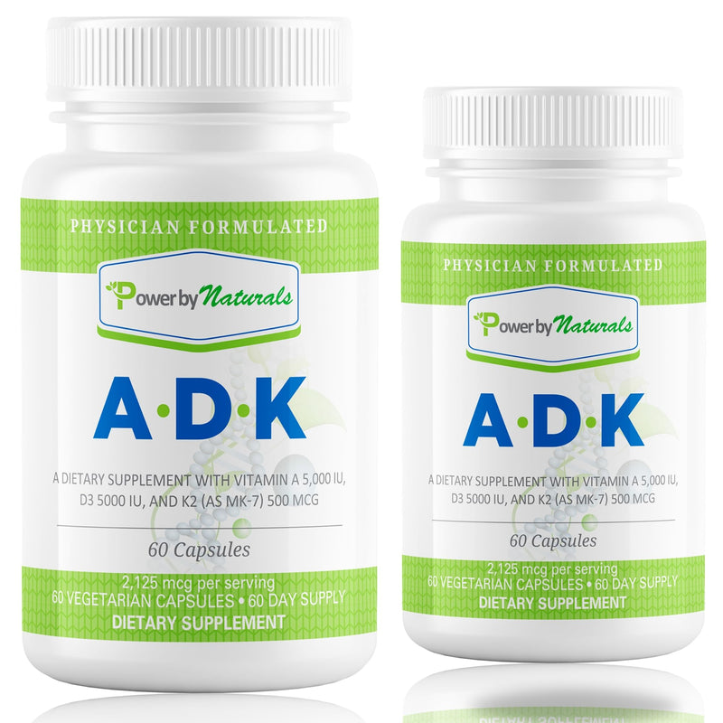 Power By Naturals ADK Vitamin Supplement: Vitamin A, D3 5000 IU, and Vitamin K2 MK-7 for Bone Health | Pack of 2 (60 Capsules Each)