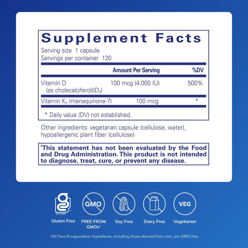Vitamin D3 & K2 120 Capsules | Pure Encapsulations – Bone, Vascular & Immune Support (Gluten Free, Non-GMO)