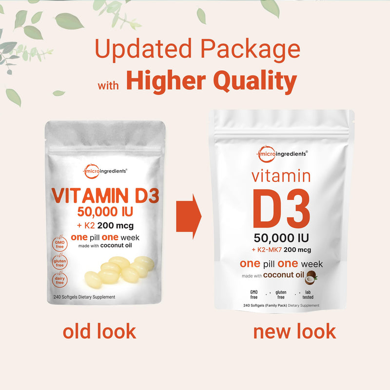 Micro Ingredients Vitamin D3 50,000 IU + K2 MK-7 200 mcg | 240 Softgels | Non-GMO