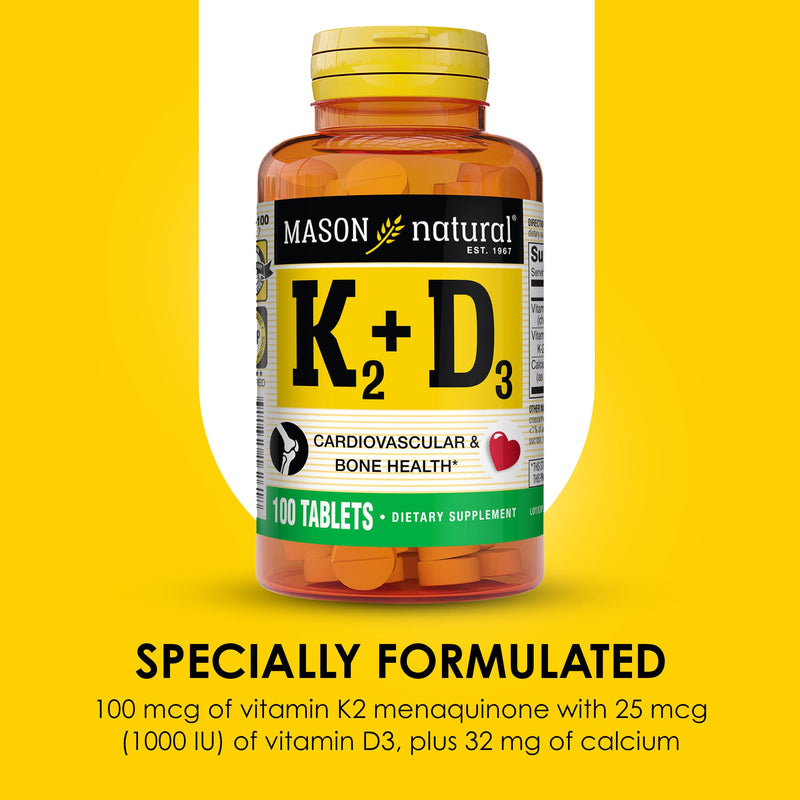 Mason Natural Vitamin K2 + D3 100 mcg / 25 mcg with Calcium | 100 Day Supply | Bone & Muscle Support