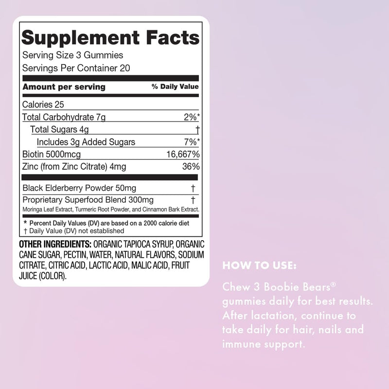 Boobie Bears Lactation Gummies | Milk Supply Boost, Immunity & Hair Growth | 120 Count