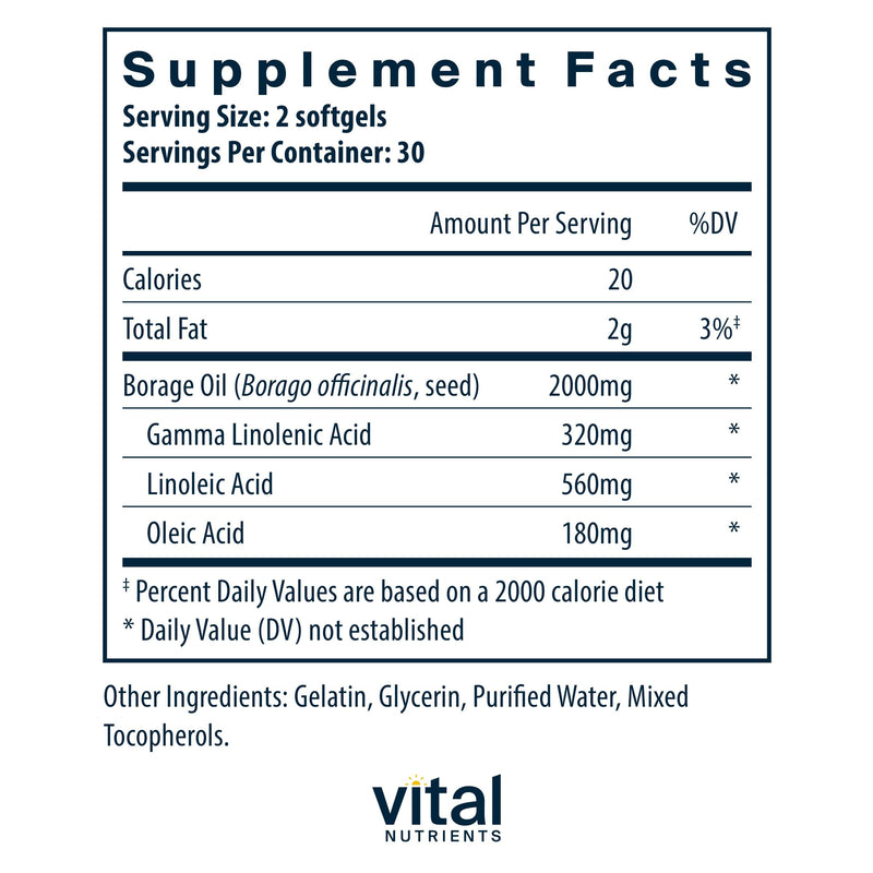 Vital Nutrients Borage Oil 1000mg | High-Dose GLA Omega-6 | 60 Softgels | Gluten, Dairy, Soy Free | Non-GMO