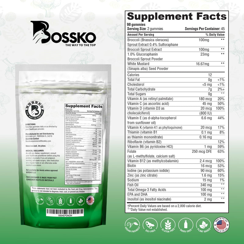 Bossko Sulforaphane Gummies with Omega-3 – Vegan Sugar-Free, 90 Gummies | Broccoli Sprout Extract + EPA/DHA
