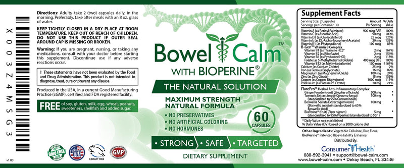 Bowel Calm: Ginger, Turmeric, Boswellia, BioPerine - One Month Supply - Non-GMO
