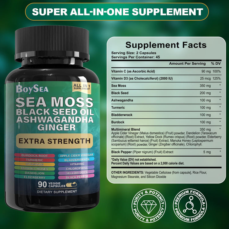 Boysea Shilajit & Sea Moss Bundle – 90 Count | All-in-1 Capsules with Shilajit, Sea Moss, Ashwagandha, Ginger & Rhodiola