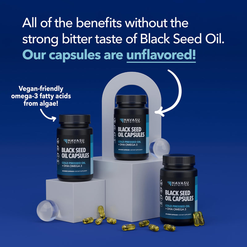 Black Seed Oil with DHA for Brain Health – Cold Pressed Black Cumin Seed Oil, DHA Omega-3 (60 Capsules) – Vegan, Non-GMO, Gluten-Free, 1 Month Supply