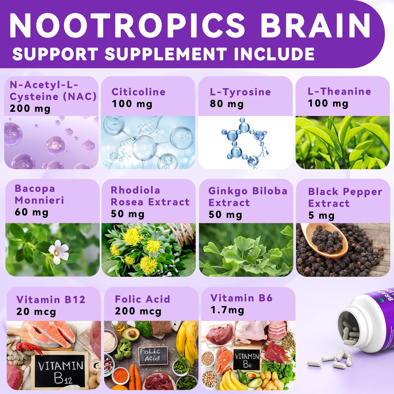Brain Supplements for Memory and Focus - 11-in-1 NAC, B12, L-Theanine, Bacopa Monnieri | Vegan 30 Caps