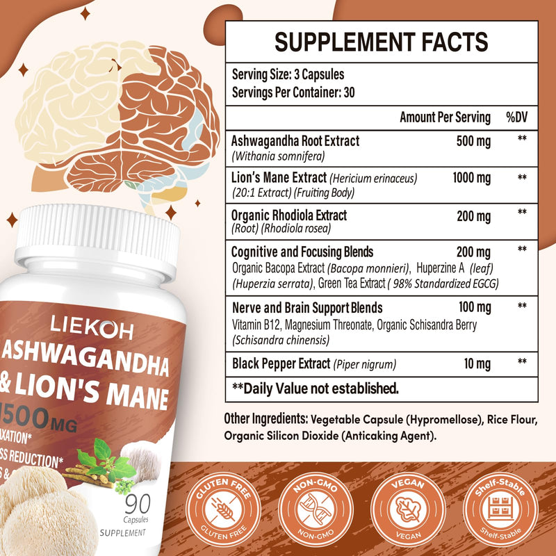 Ashwagandha & Lions Mane Capsules for Memory, Focus – 90 Caps