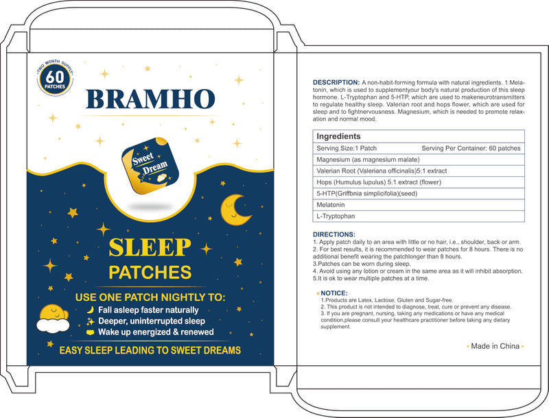 BRAMHO Sleep Patches for Adults - Melatonin, Magnesium & Sour Cherry - Plant-Based Sleep Aid - 60 Count