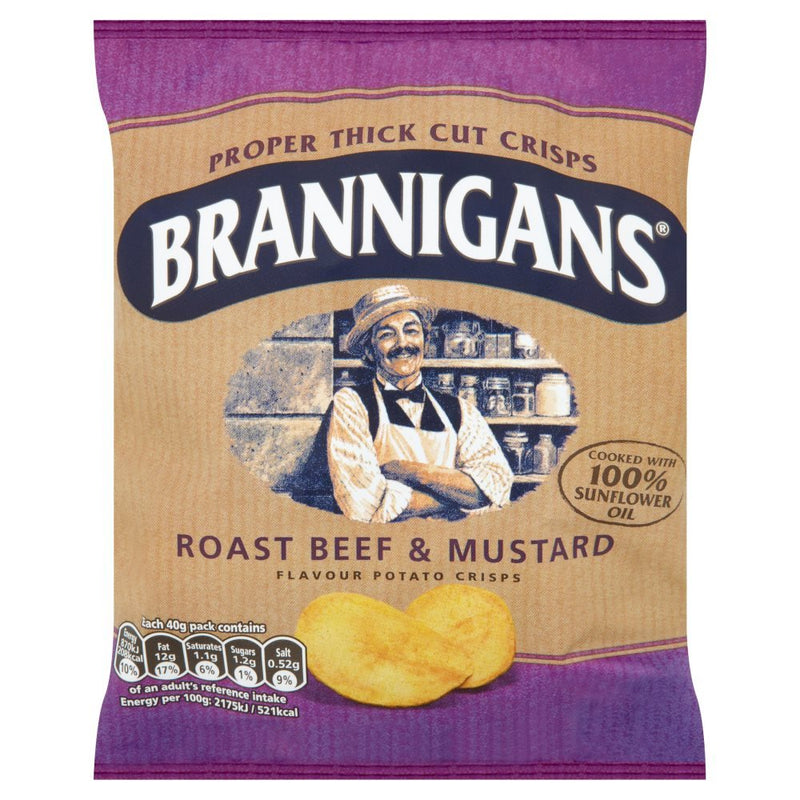 Brannigans Roast Beef & Mustard Potato Crisps, 40g (Box of 18)