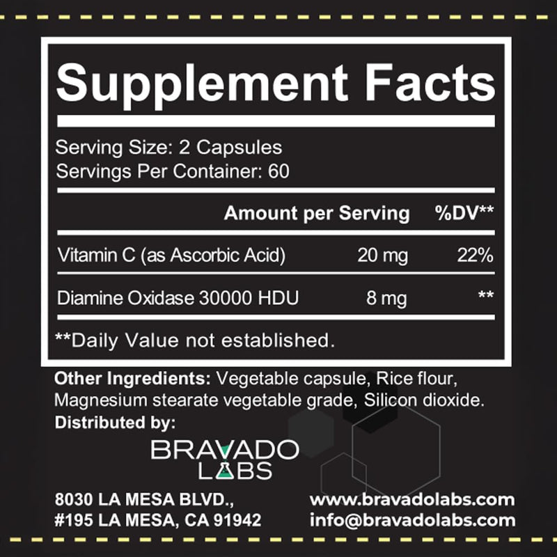 Bravado Labs DAO Histamine Blocker – Extra Potent 30,000 HDU Enzyme, Digest & Immune Support, 120 Caps