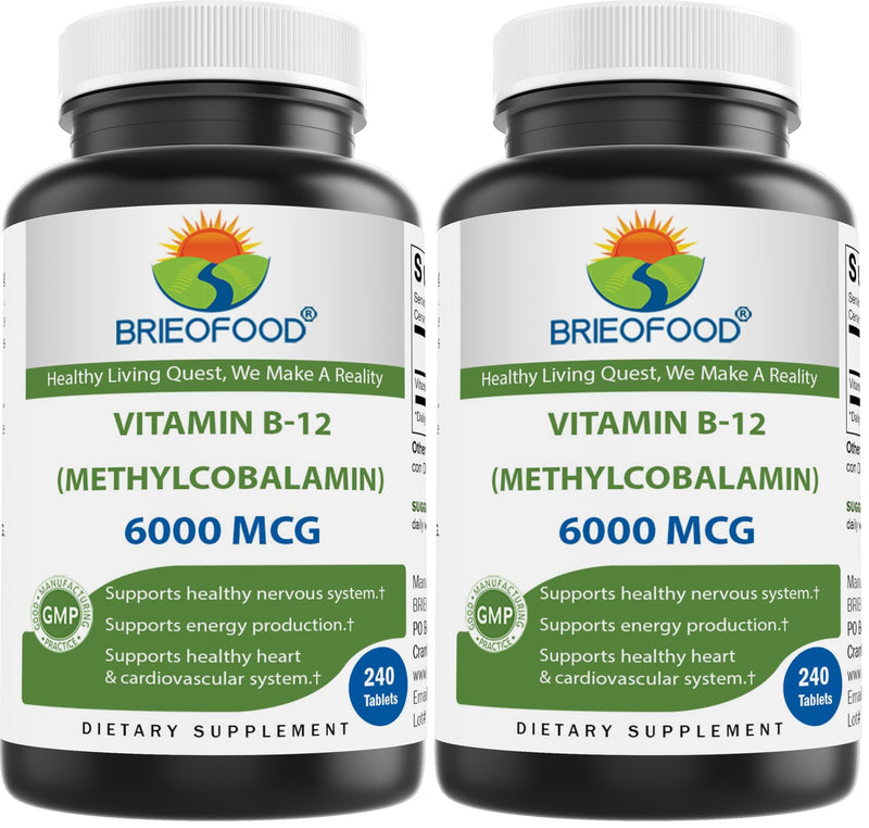 Brieofood Vitamin B-12 6000 mcg Methylcobalamin – 240 Tablets – Non-GMO & Gluten Free (Pack of 2)