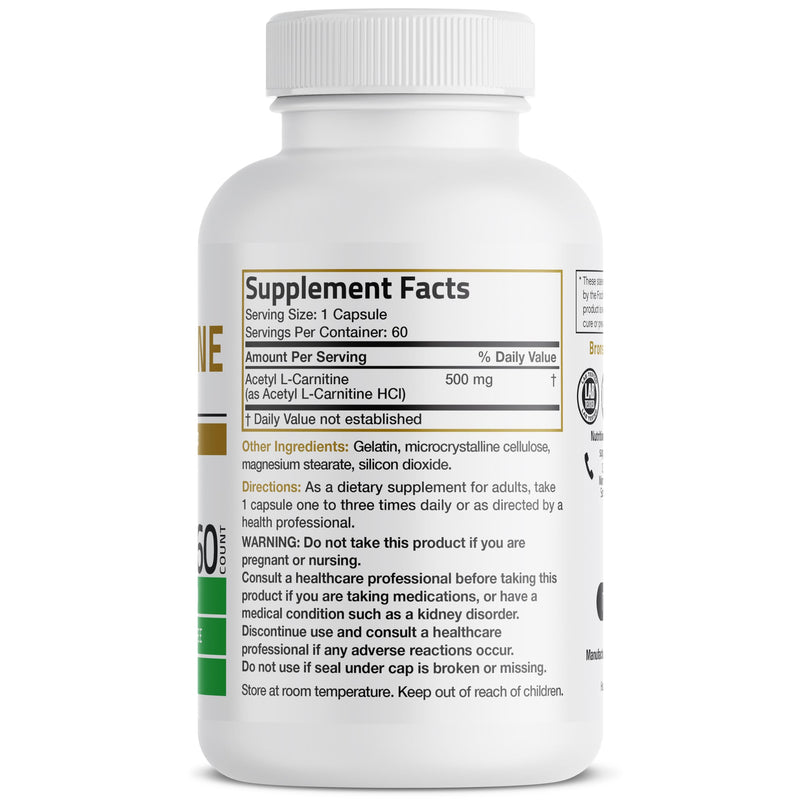 Bronson Acetyl L-Carnitine 500 MG High Potency - Non-GMO, 60 Capsules
