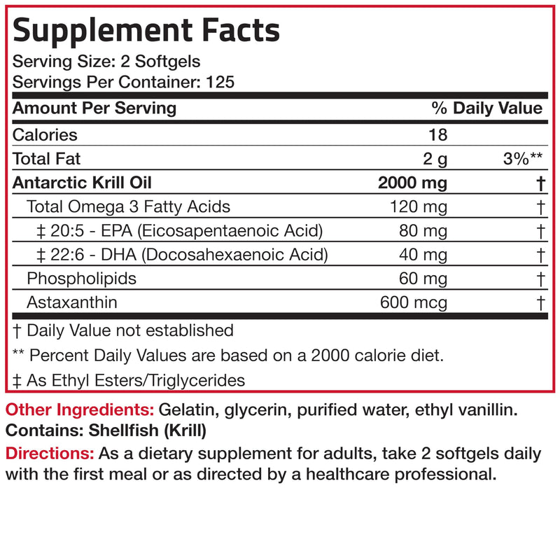 Bronson Antarctic Krill Oil 2000 mg with Omega-3s EPA, DHA, Astaxanthin and Phospholipids - 250 Softgels (125 Servings)