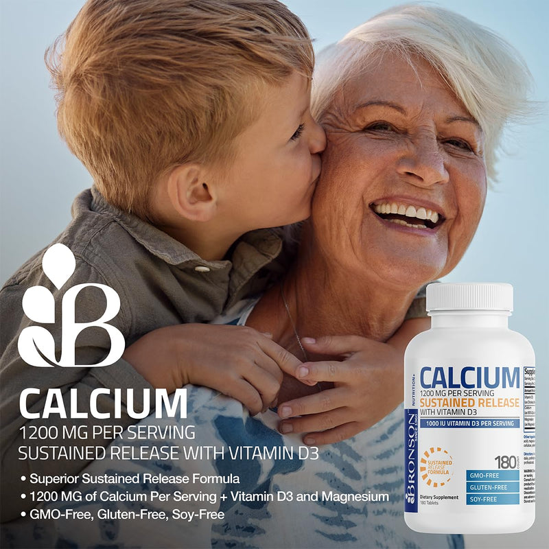 Bronson Calcium 1200 mg Sustained Release + Vitamin D3 1000 IU | Non-GMO | 180 Tablets