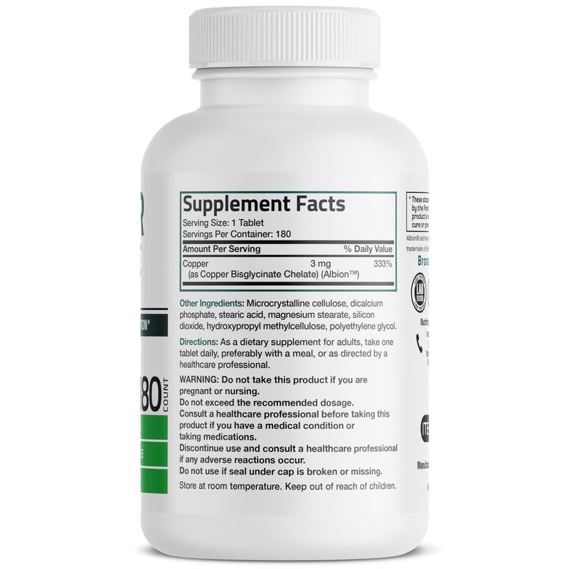 Bronson Copper Glycinate 3 mg Chelated | Non-GMO, 180 Tablets