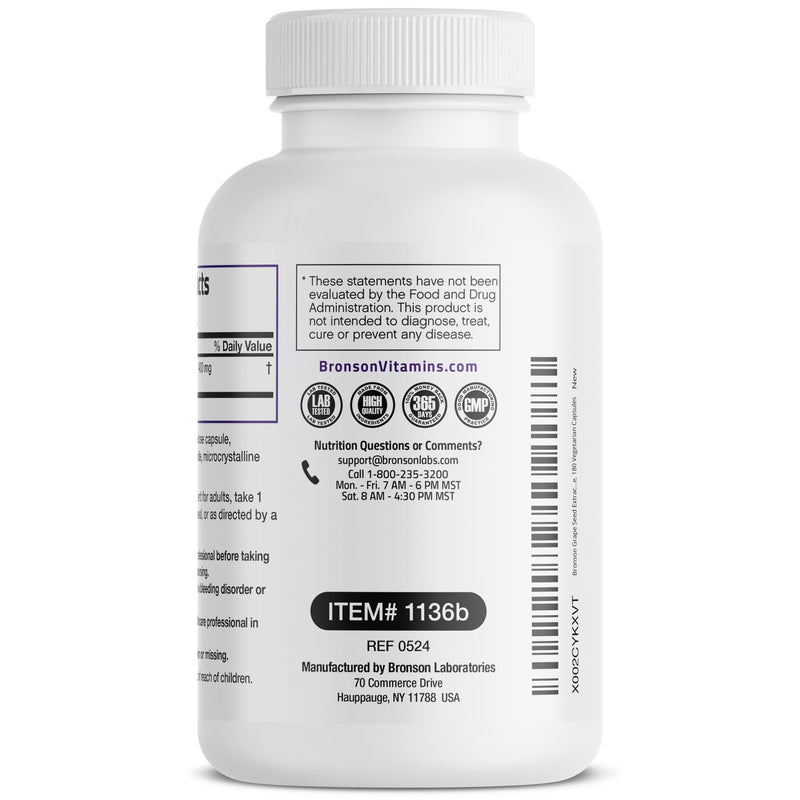Bronson Grape Seed Extract 400 mg – Antioxidant & Immune Support | 95% Proanthocyanidins | Non-GMO, 180 Vegetarian Capsules