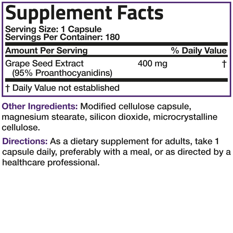 Bronson Grape Seed Extract 400 mg – Antioxidant & Immune Support | 95% Proanthocyanidins | Non-GMO, 180 Vegetarian Capsules