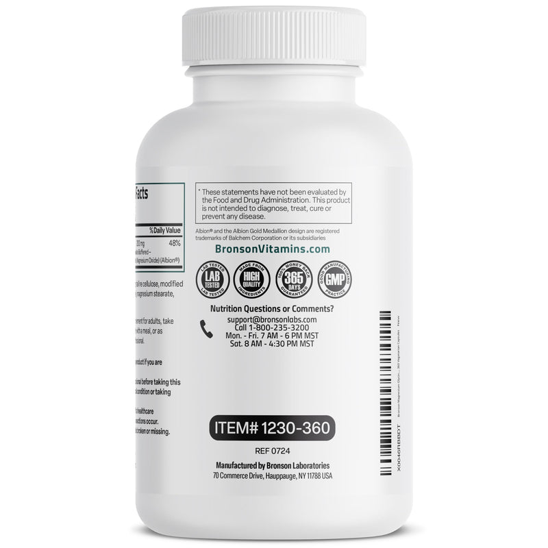 Bronson Magnesium Glycinate 200 mg – Chelated for High Absorption, Gentle on Stomach | Non-GMO, 360 Vegetarian Capsules