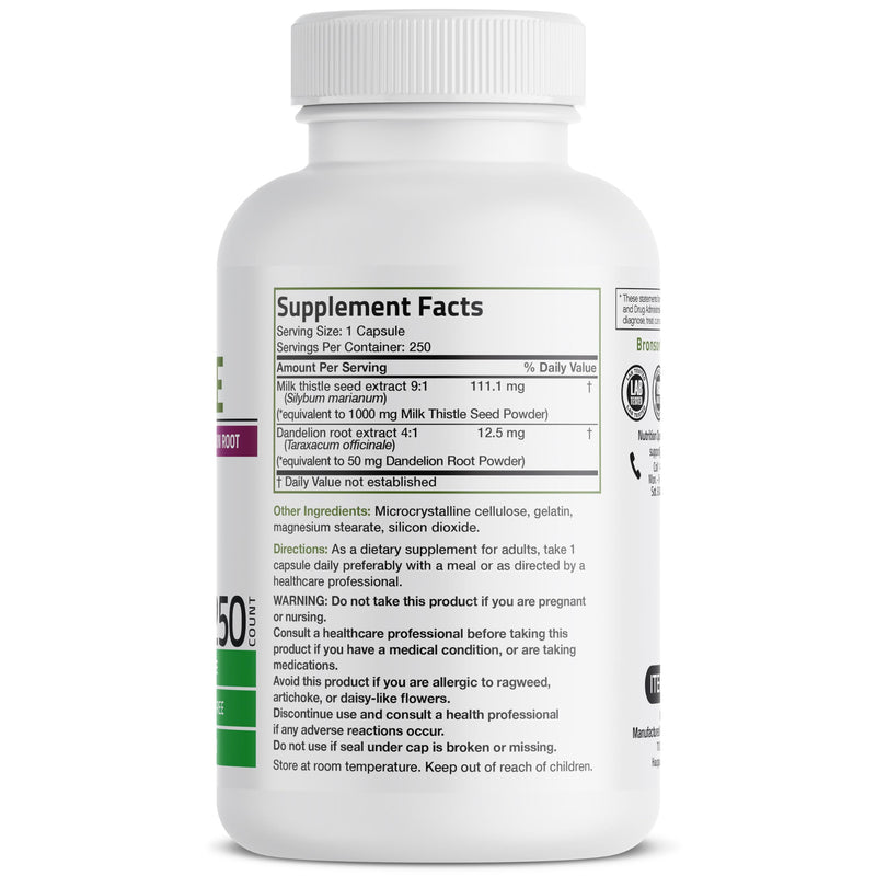Bronson Milk Thistle Silymarin Marianum & Dandelion Root – Liver Health Support, 250 Capsules