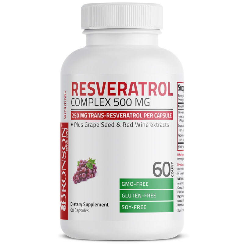 Bronson Resveratrol 500 Complex - Trans-Resveratrol + Grape Seed & Red Wine Extract, 60 Capsules