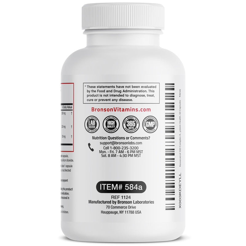 Bronson Resveratrol 500 Complex - Trans-Resveratrol + Grape Seed & Red Wine Extract, 60 Capsules